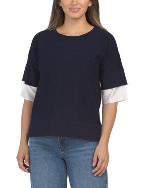 METRIC KNITS Round Neck Elbow Sleeve Pull Over Top With Contrast Color Cuffs